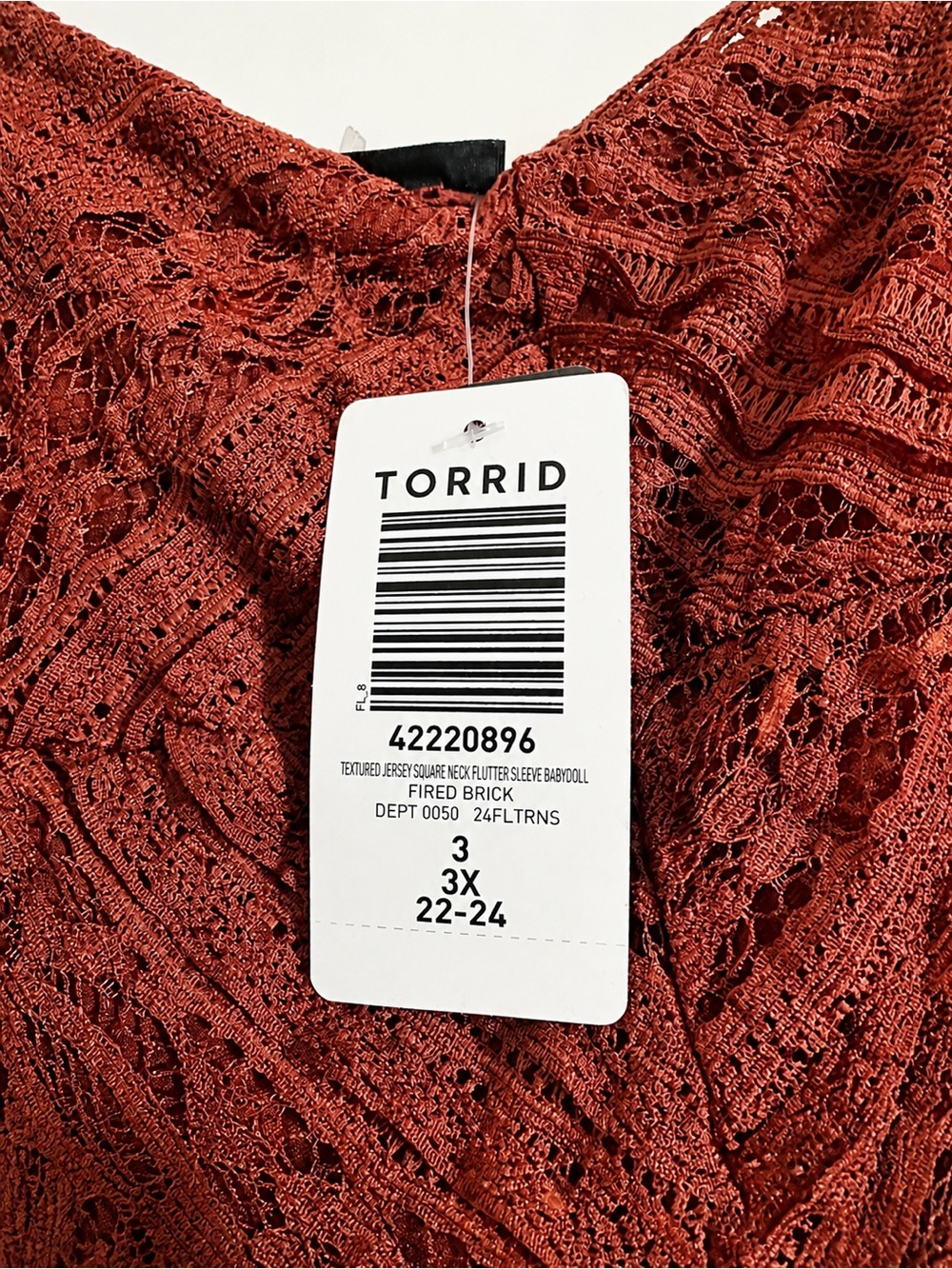 Torrid Lace Babydoll Top 3X (22-24) Fired Brick Flutter Sleeve Boho Blouse NWT - Picture 4 of 4